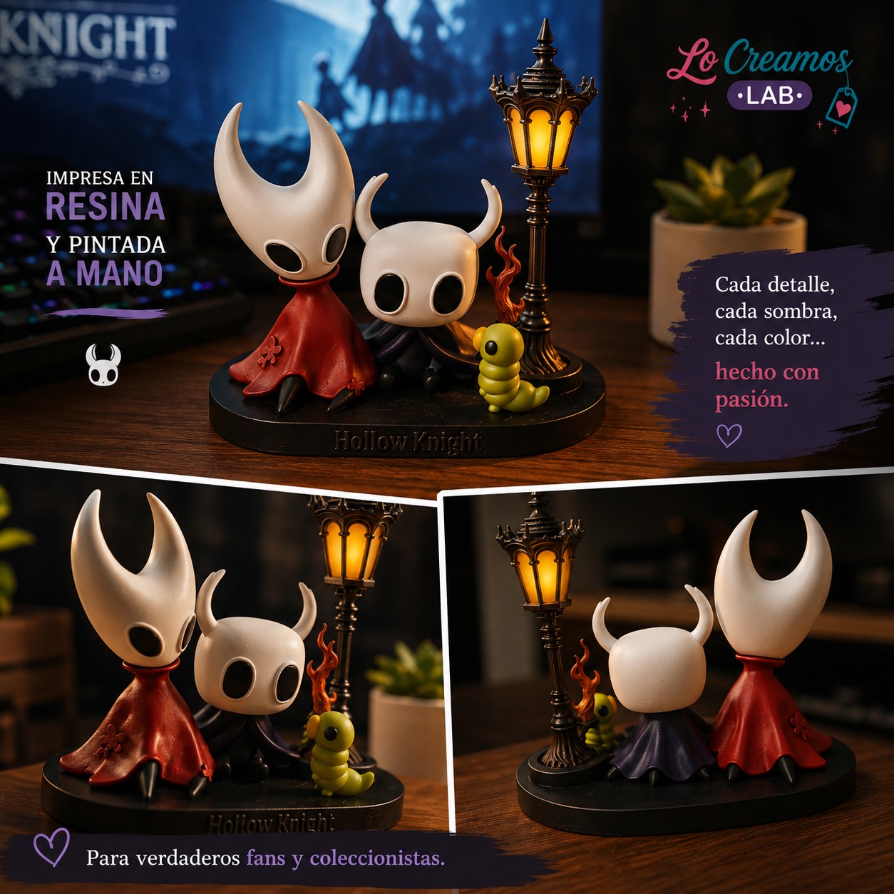 Figura decorativa de Hollow Knight impresa en resina y pintada a mano