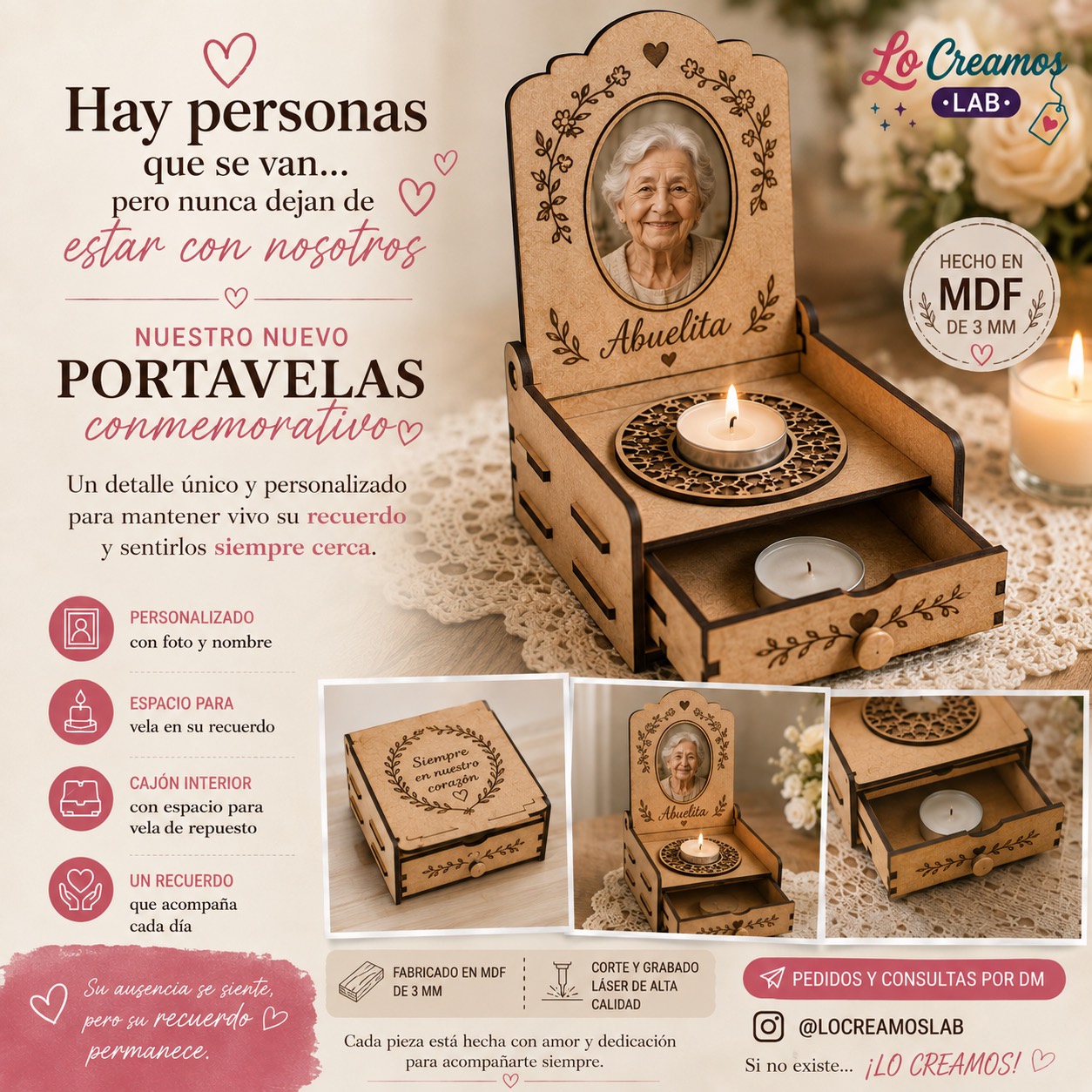 Portavelas conmemorativo de madera cortado y grabado con láser